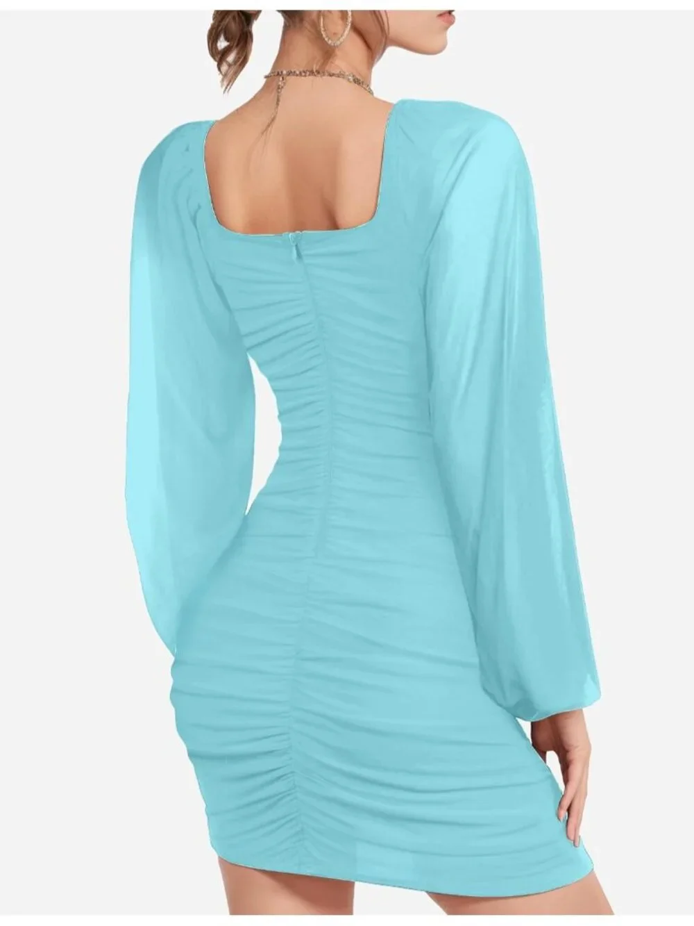 👗Women's Light Blue Long Sleeve Square Neck Ruched Party Cocktail Bodycon Dress
